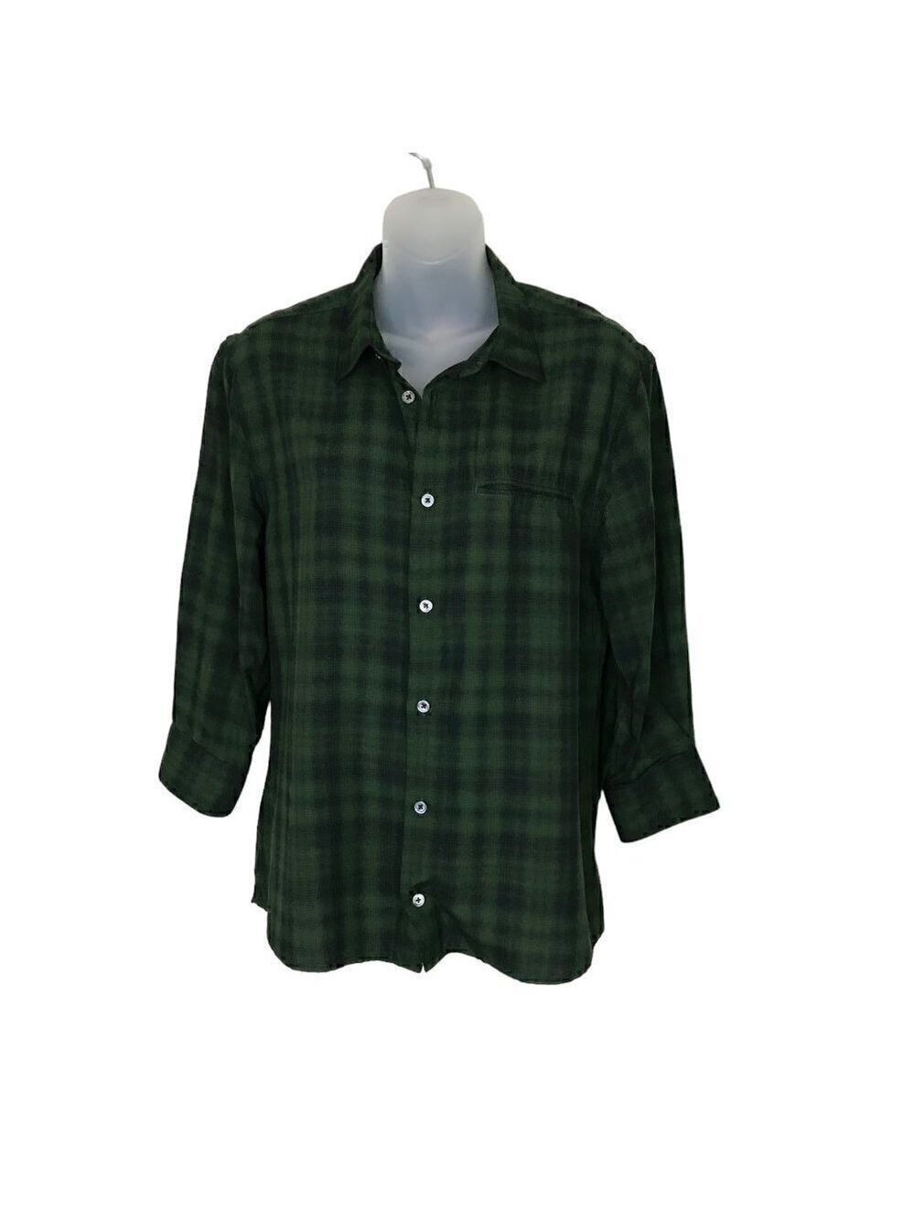 John Varvatos Black & Green Plaid Button Down Shirt 3/4 Sleeve Size S